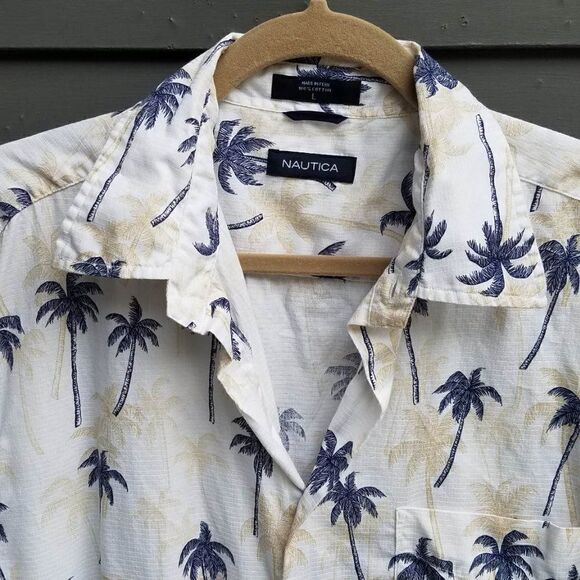 Mens Nautica Cotton White Tropical Shirt with Palm Trees Size Large - Picture 8 of 10